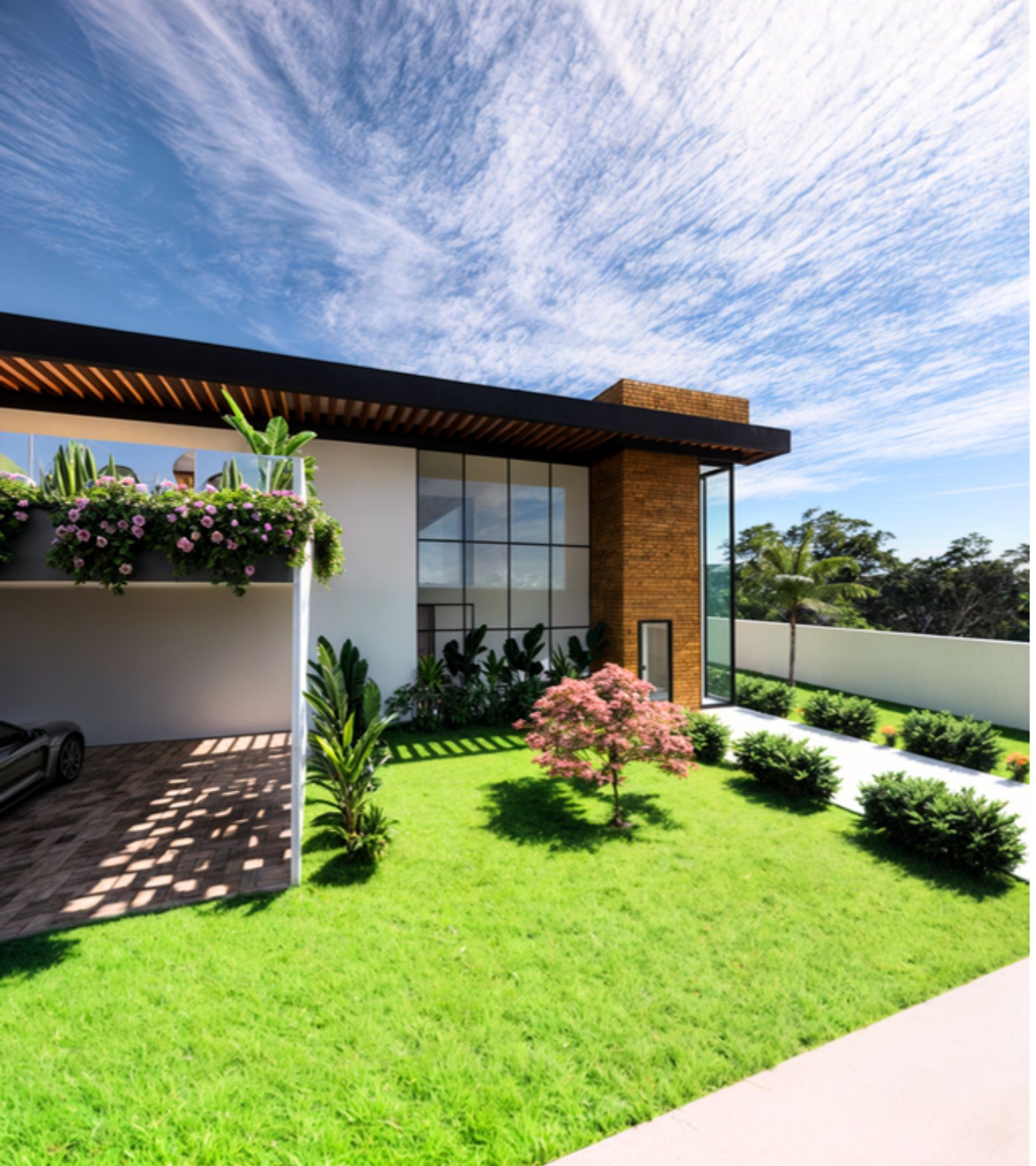 Casa do Bosque — jardim frontal e garagem coberta