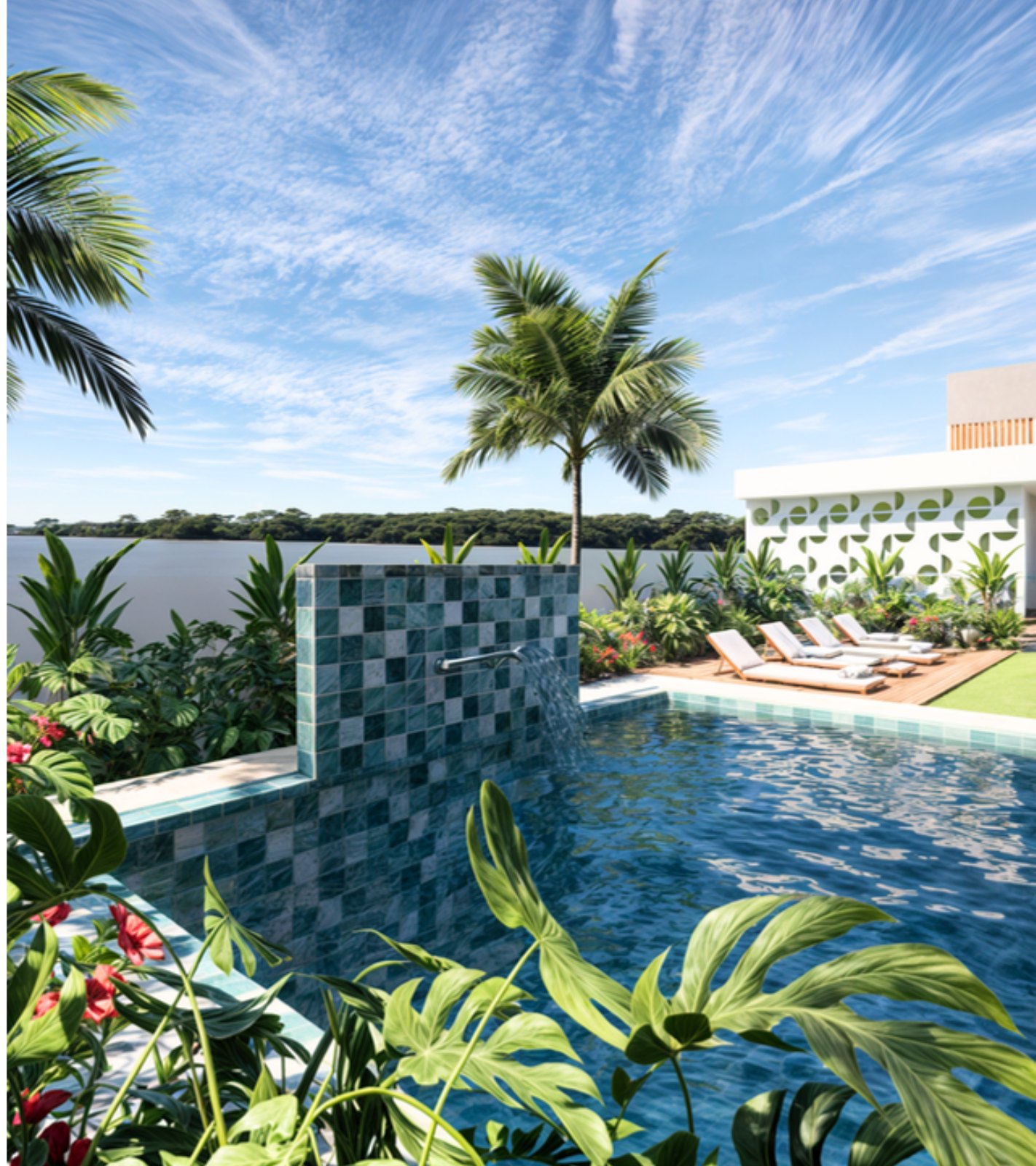 Casa do Bosque — piscina com parede de pastilhas e vista para a mata