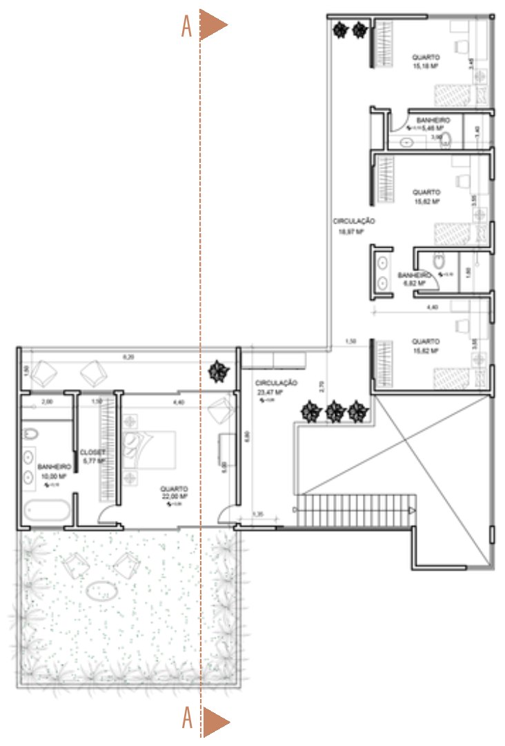 Casa do Bosque — planta baixa do pavimento superior, com quatro quartos