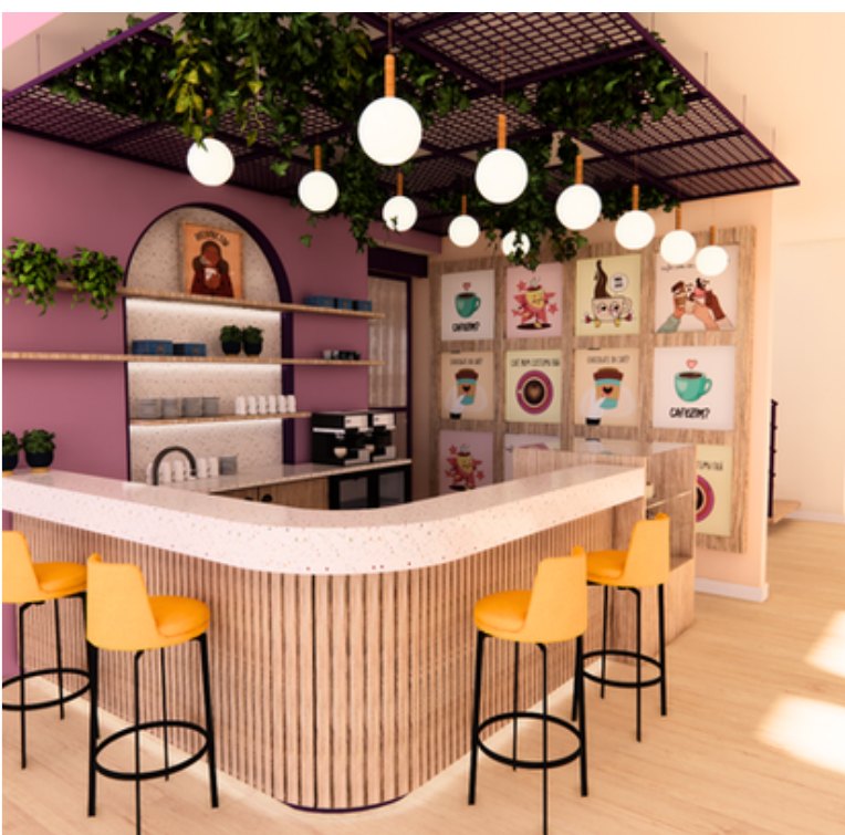 Café — balcão curvo com banquetas amarelas