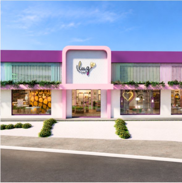 Luz Papelaria, fachada comercial em rosa e verde