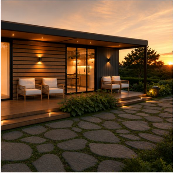 Tiny House ao entardecer, fachada em madeira e vidro
