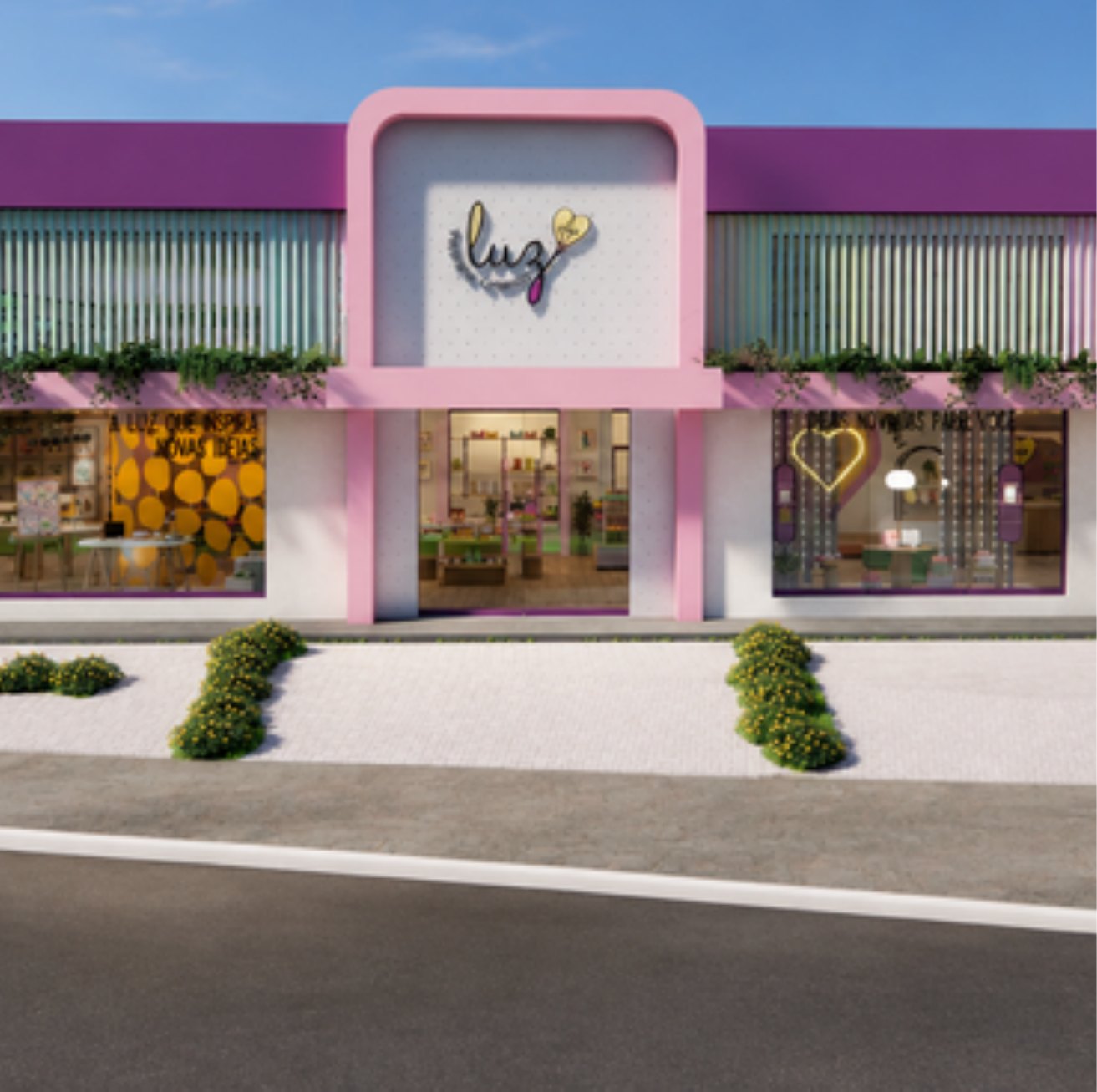 Luz Papelaria — fachada comercial em rosa, verde e roxo
