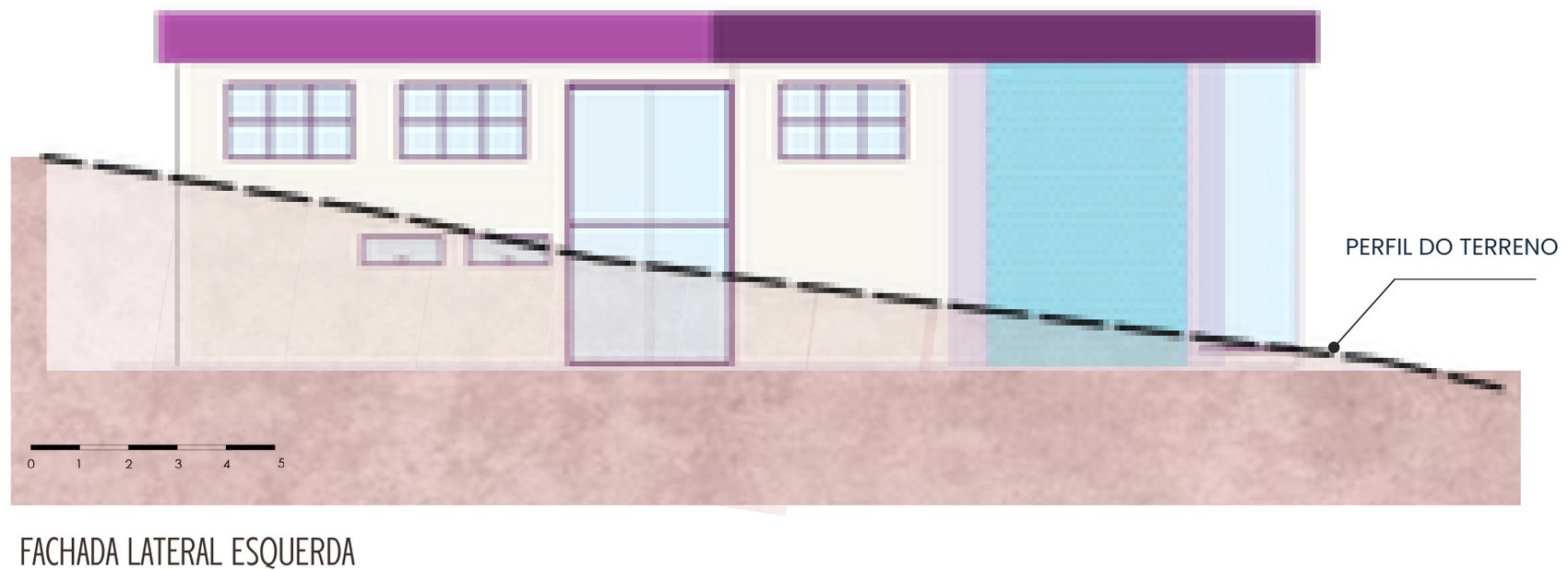Luz Papelaria — fachada lateral esquerda com perfil do terreno