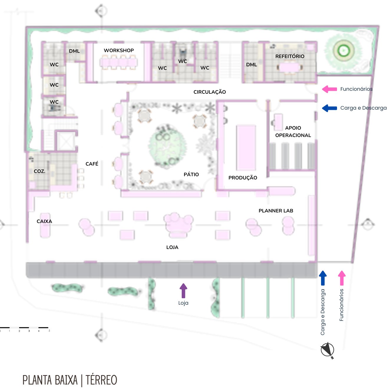 Luz Papelaria — planta baixa do térreo, com loja, pátio, café e workshop