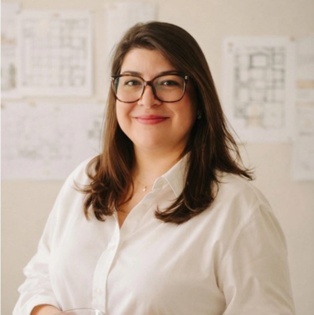 Jeane Oliveira, arquiteta, em frente a um painel de plantas baixas