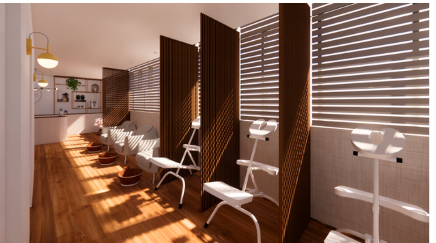 Essência SPA — escalda-pés e quick massagem separados por divisórias ripadas