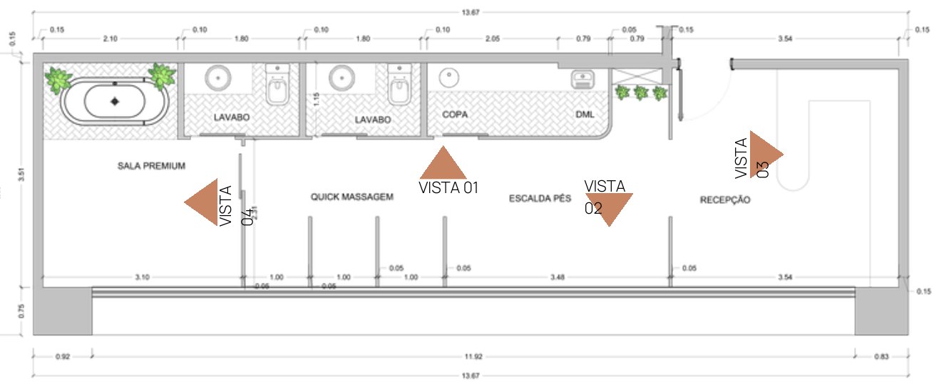 Essência SPA — planta baixa cotada com indicação das vistas