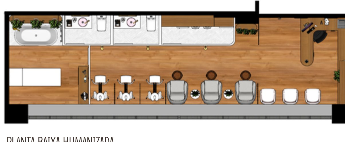 Essência SPA — planta baixa humanizada com recepção, escalda-pés e sala premium