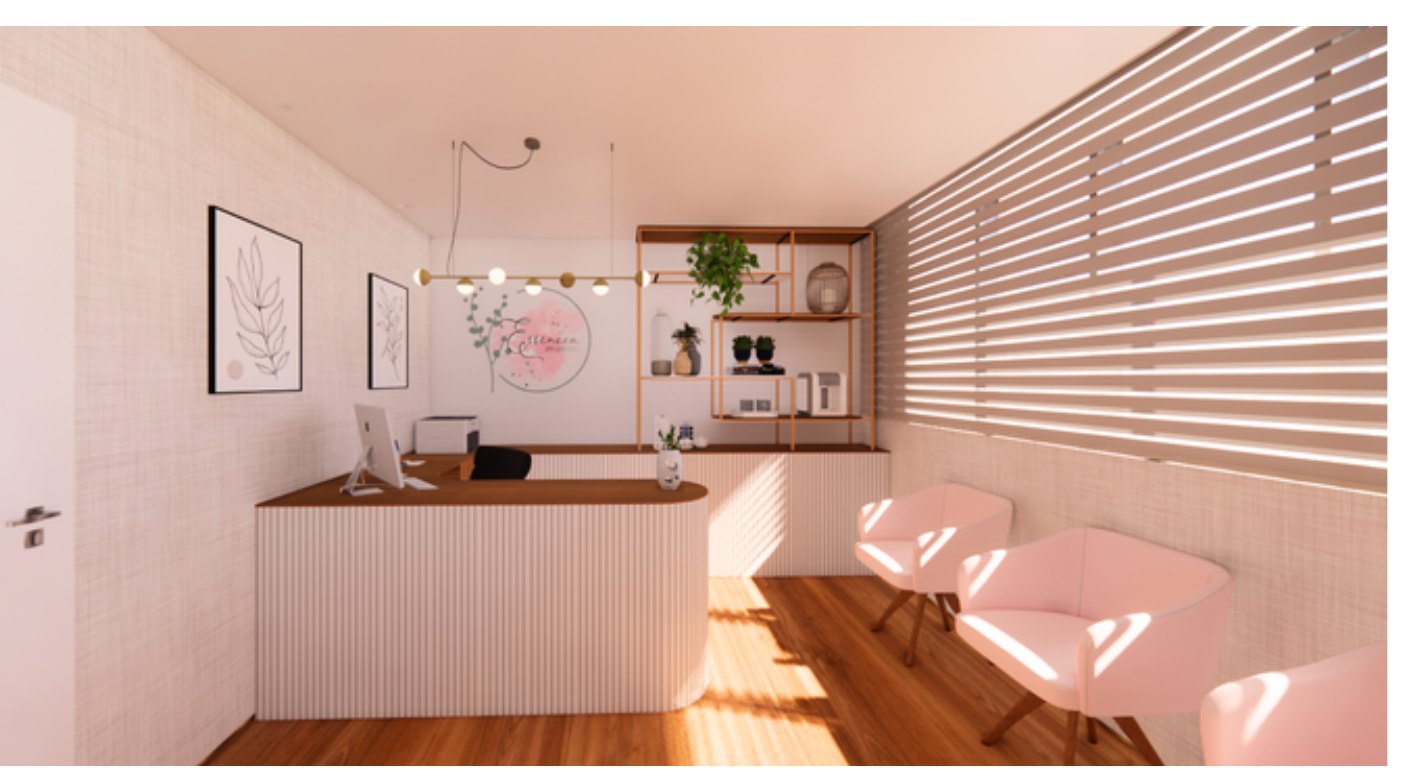 Essência SPA — recepção com balcão ripado e poltronas rosa