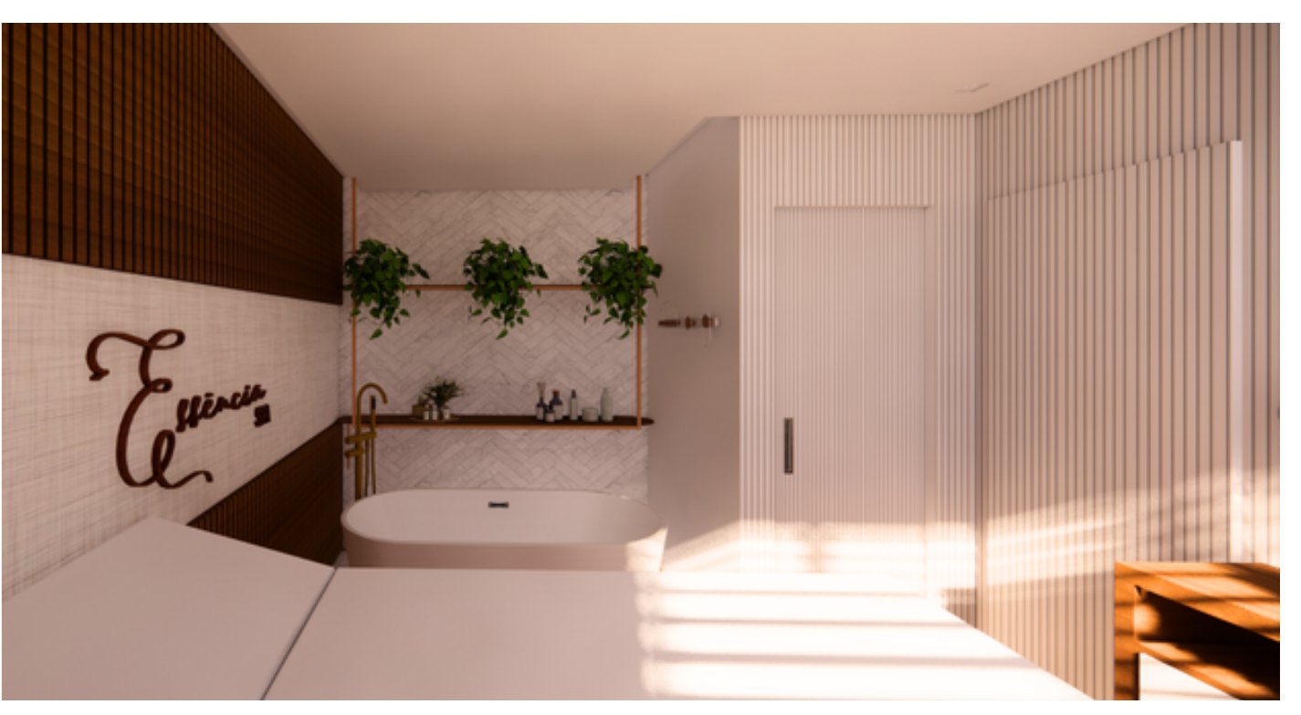 Essência SPA — sala vip com banheira e parede da marca