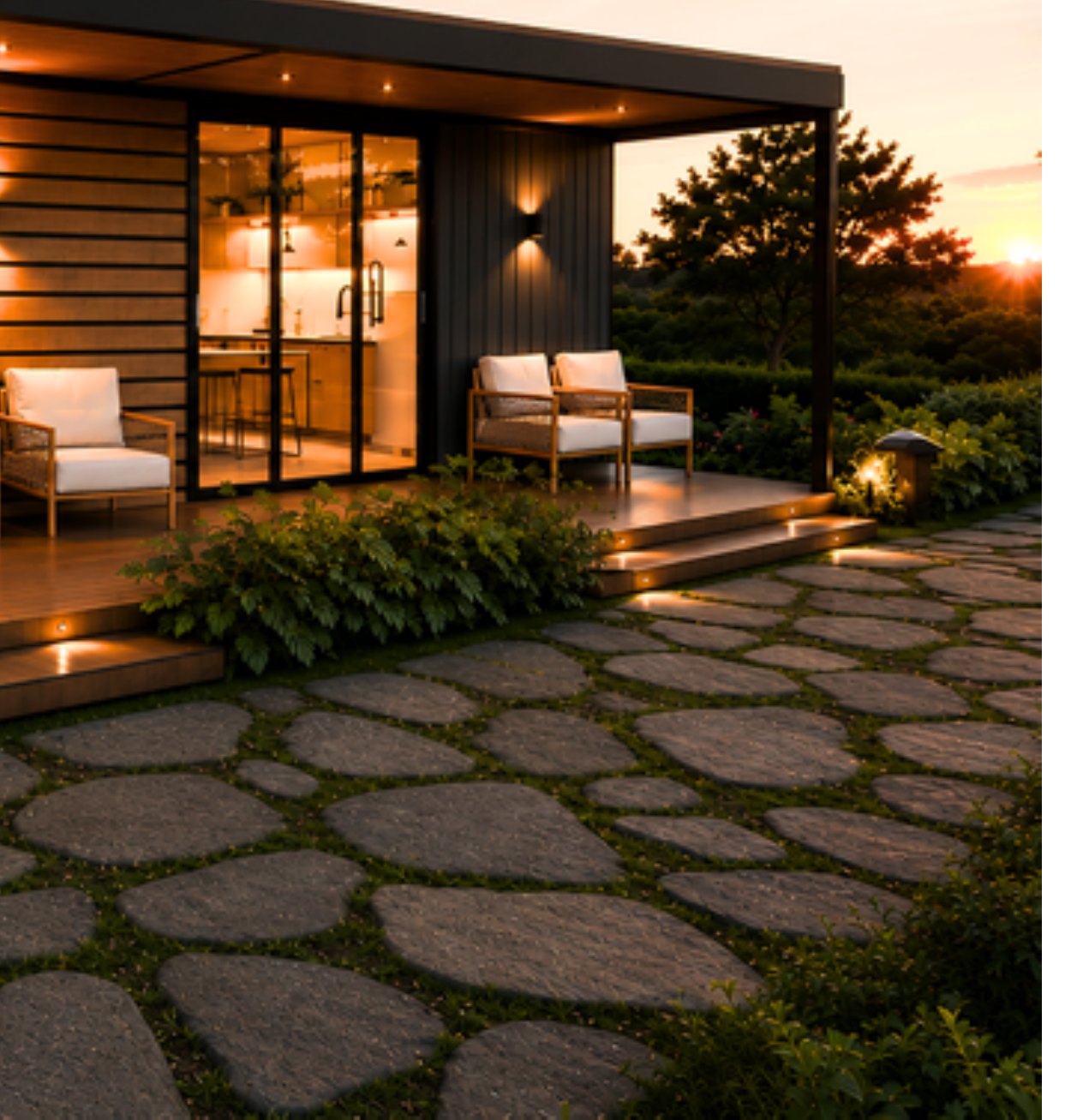 Tiny House — implantação ao entardecer, com deck e caminho de pedras