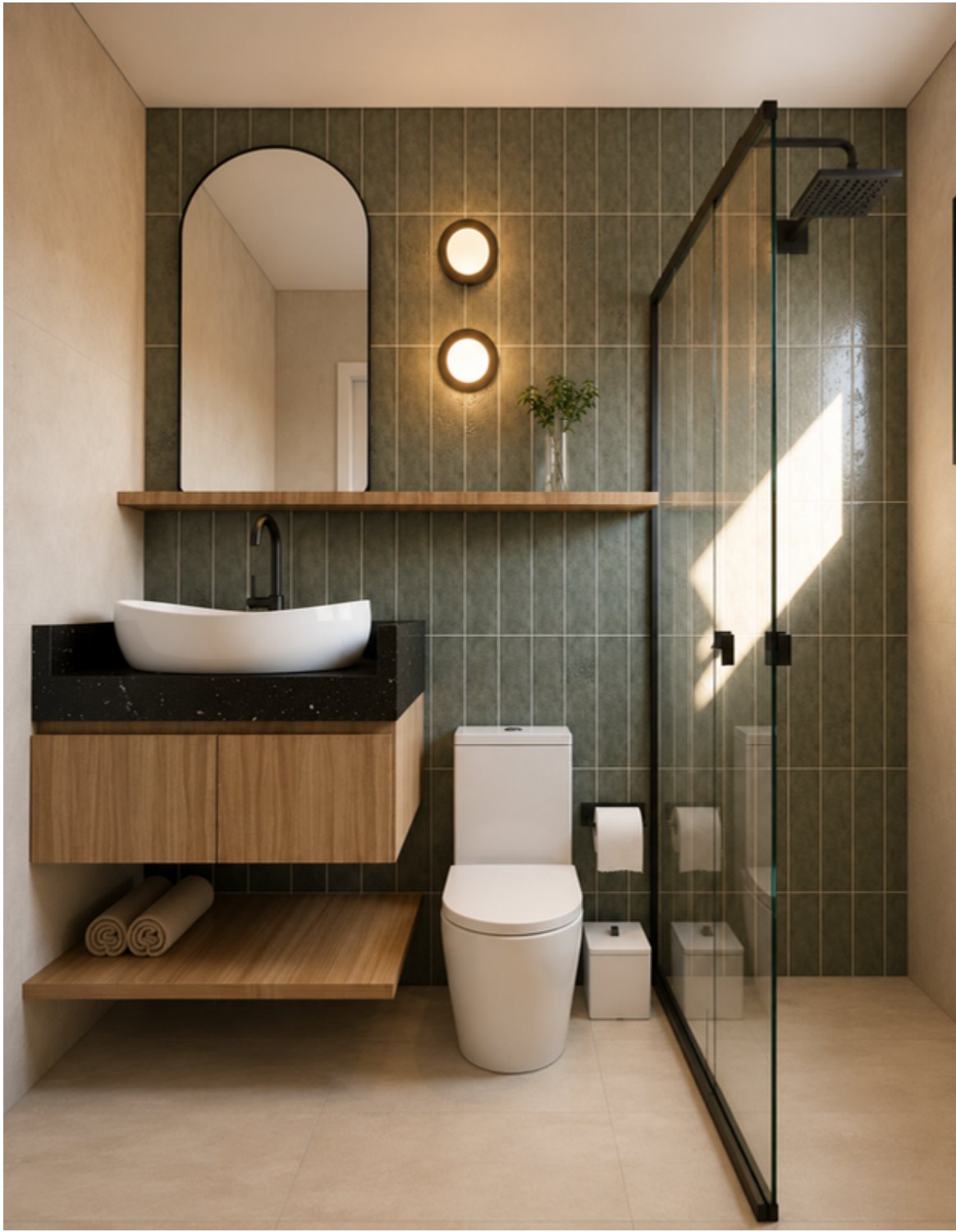 Tiny House — banheiro com revestimento verde e marcenaria em madeira clara