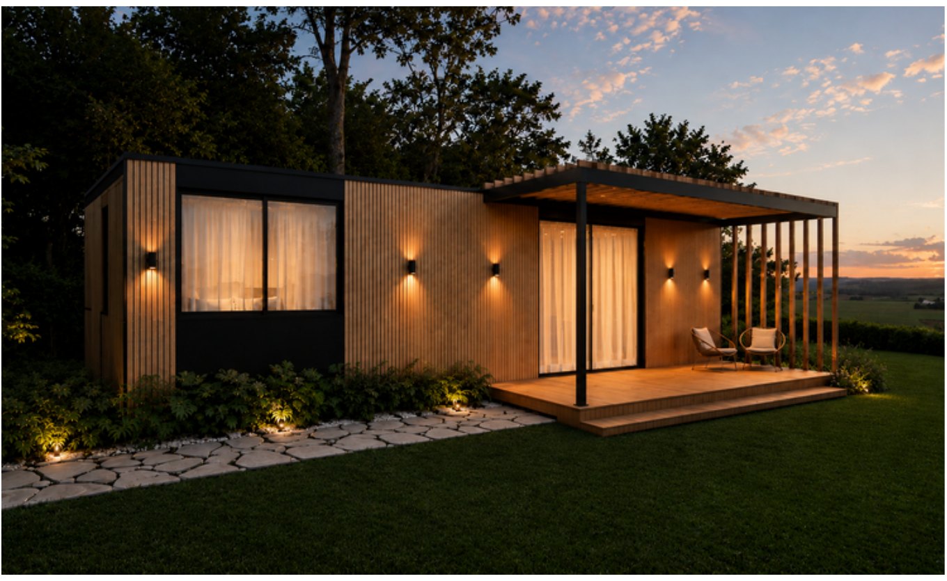 Linha conforto — vista externa noturna com pergolado