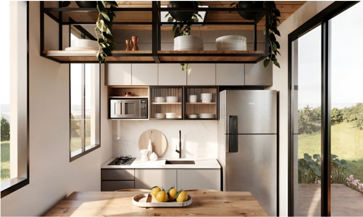 Tiny House — cozinha compacta com prateleiras suspensas