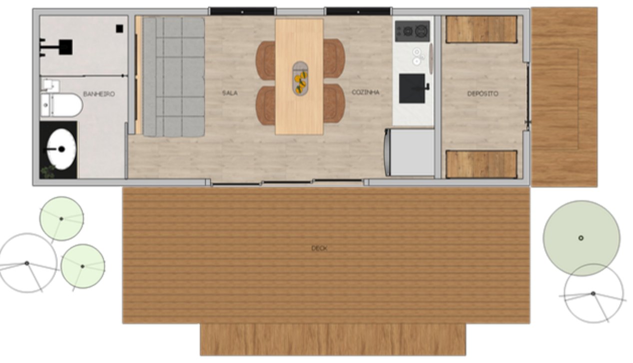 Linha essencial — planta baixa humanizada com sala, cozinha, banheiro e deck