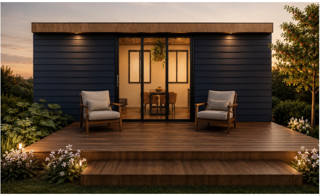 Linha essencial — deck de madeira e fachada iluminada ao anoitecer