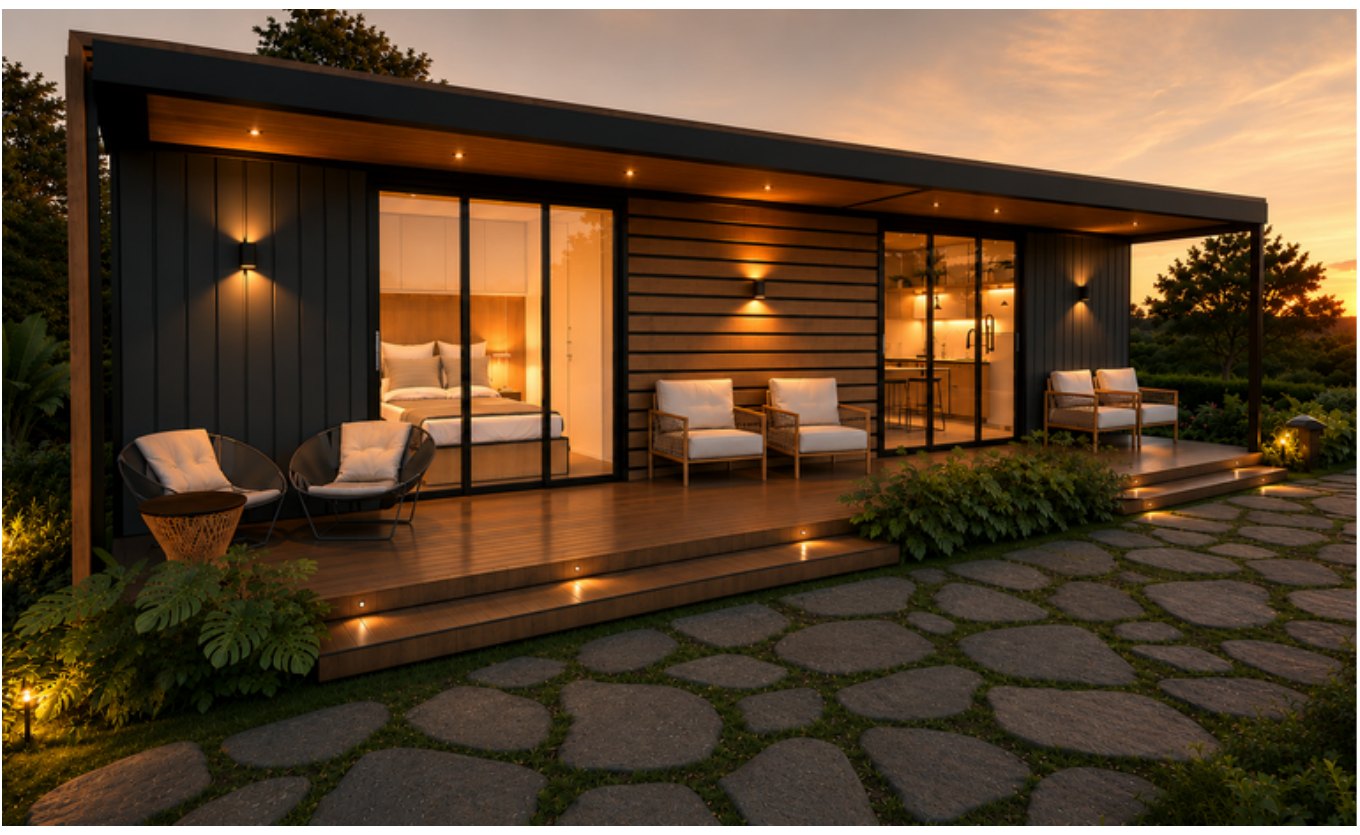 Linha premium — vista externa com deck contínuo ao pôr do sol