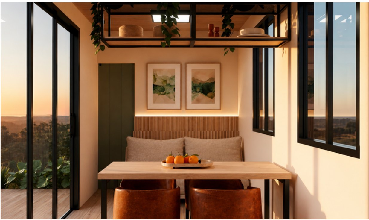Tiny House — canto de refeições com banco estofado e vista para o campo